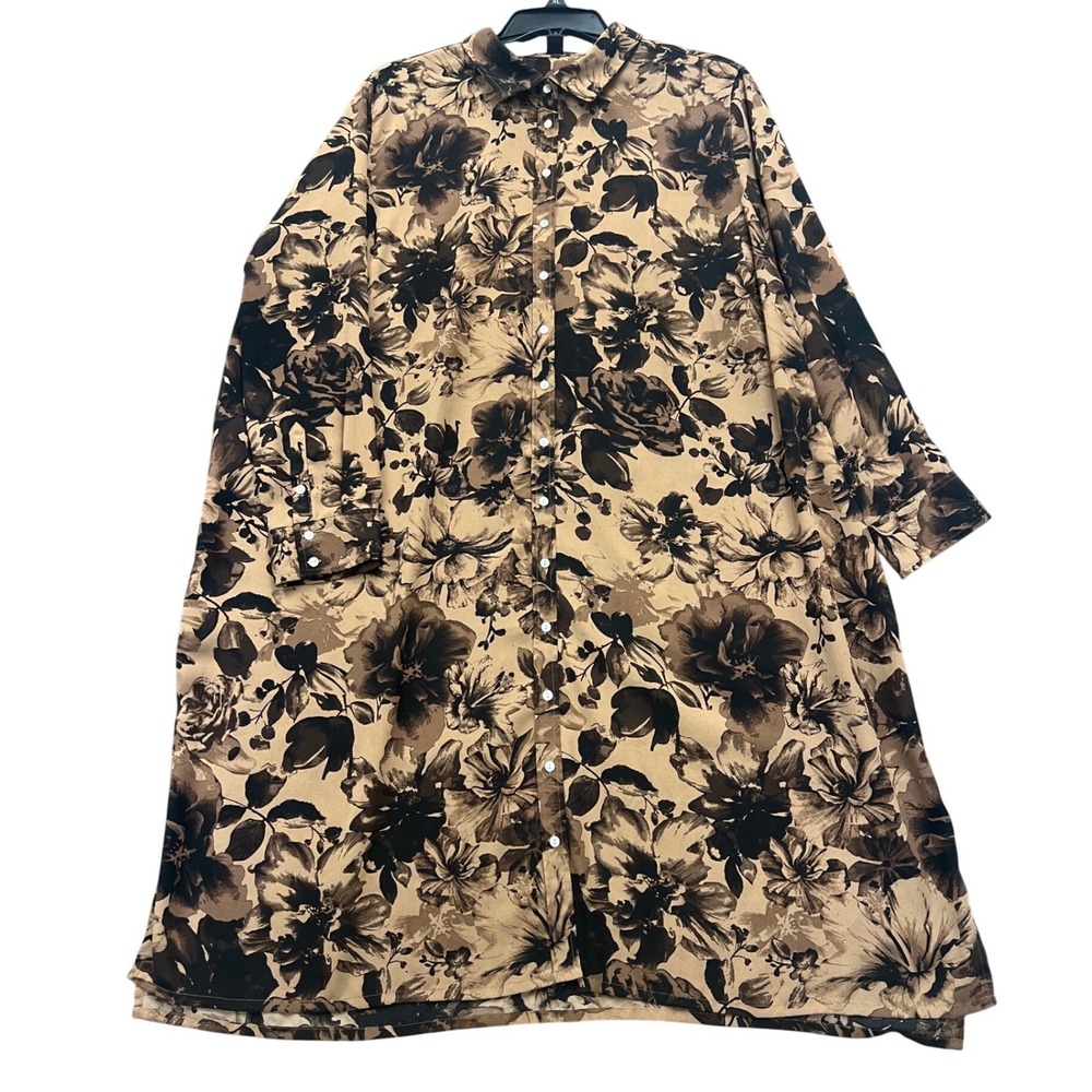 Roaman's Floral Shirt Dress Womens 26W Brown Tan Long Sleeve Button Up Maxi